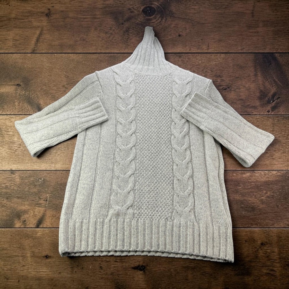 Nautica Cable Knit Turtleneck Sweater Light Heather Grey Size M Wool Blend